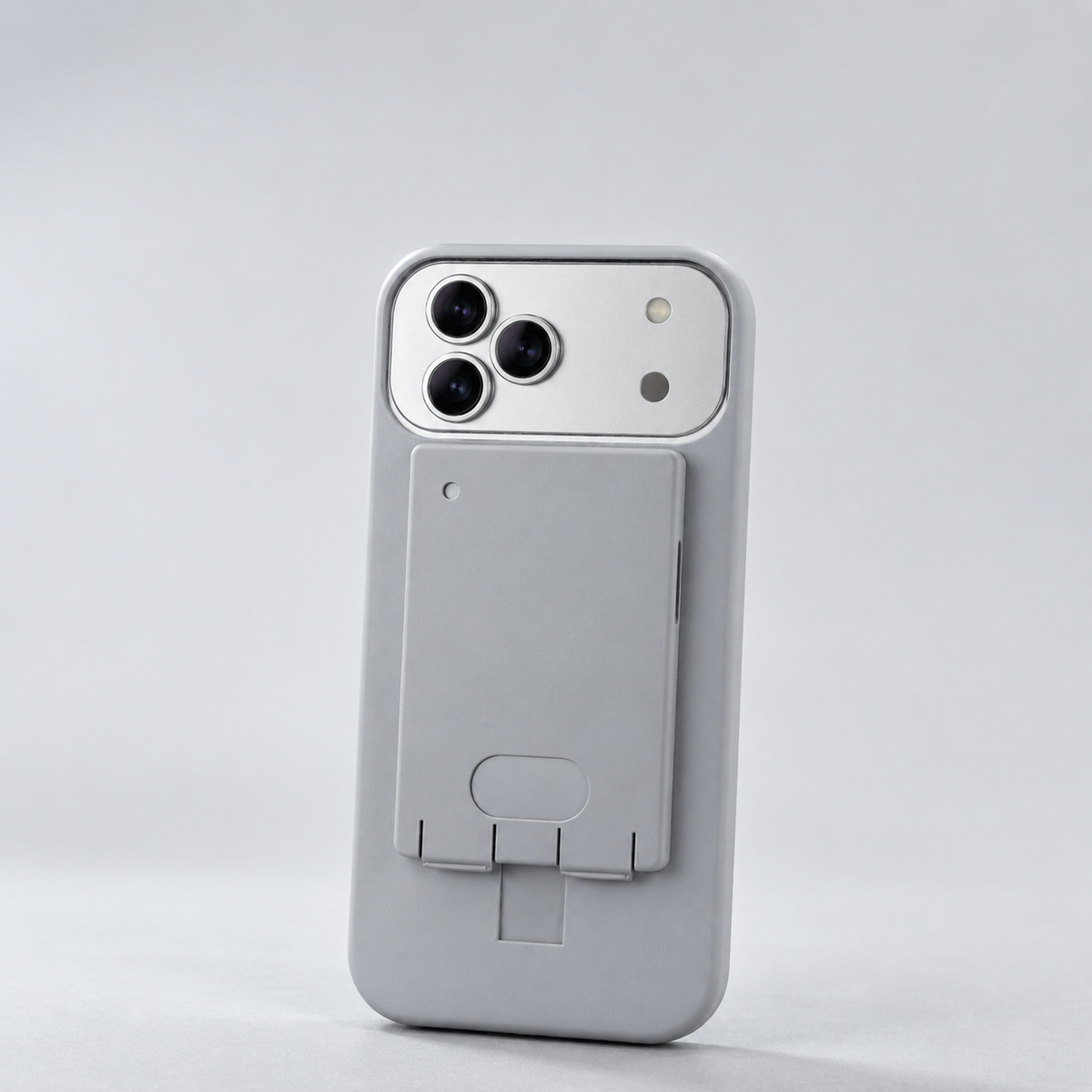 Pillion case for iPhone 17 Pro Max in grey, back view with the Pocket AI recorder in the sleeve