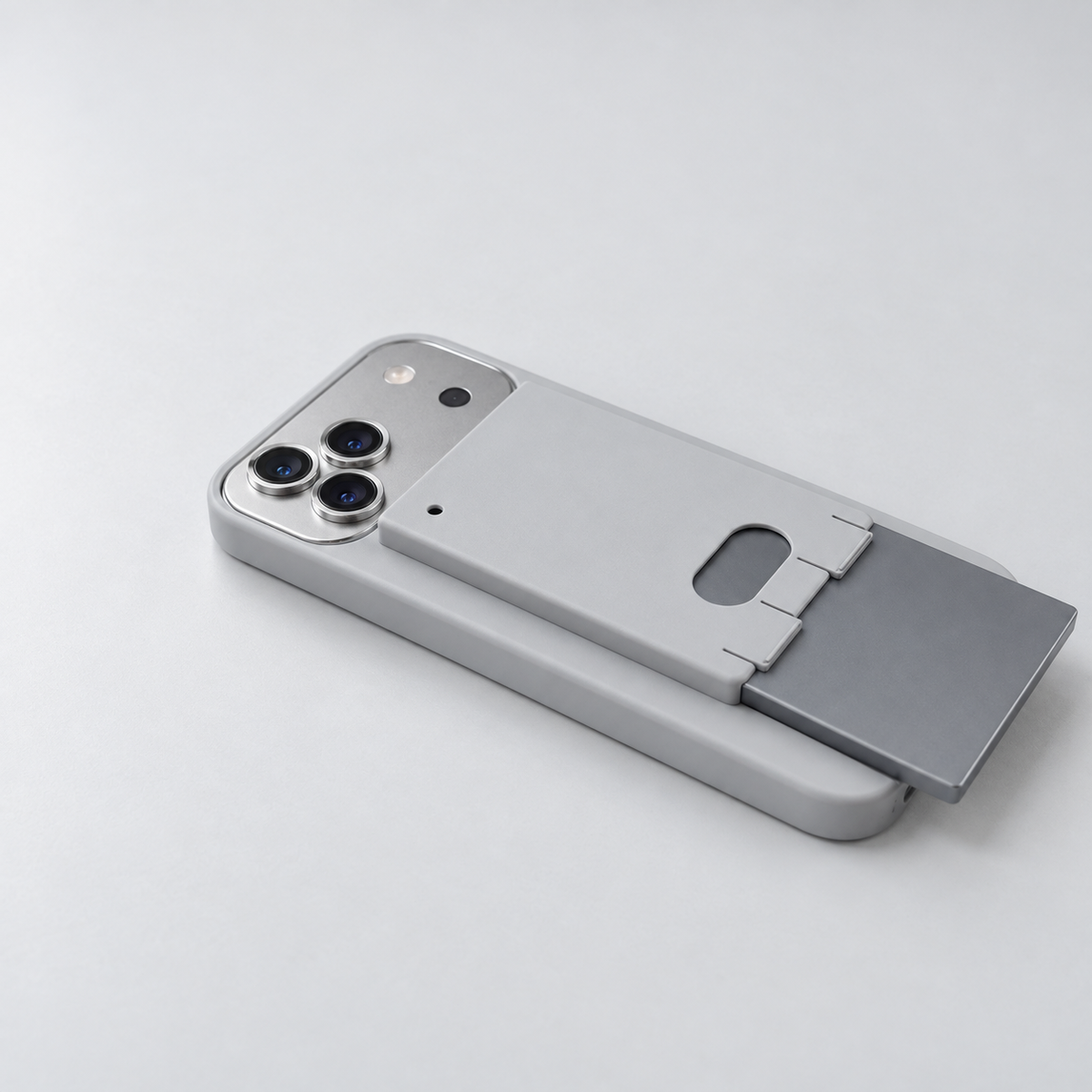 Pillion case in grey with the Pocket AI recorder sliding out of the sleeve