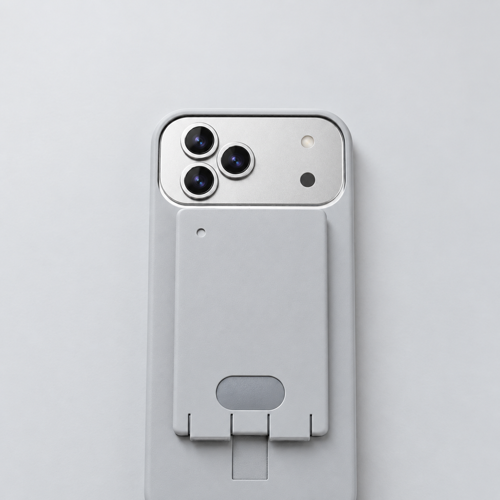 Pillion case in grey, flat back view