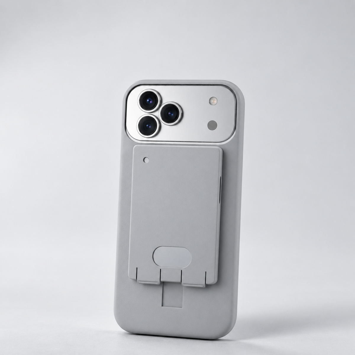 Pillion case for iPhone 18 Pro Max in grey, back view with the Pocket AI recorder in the sleeve