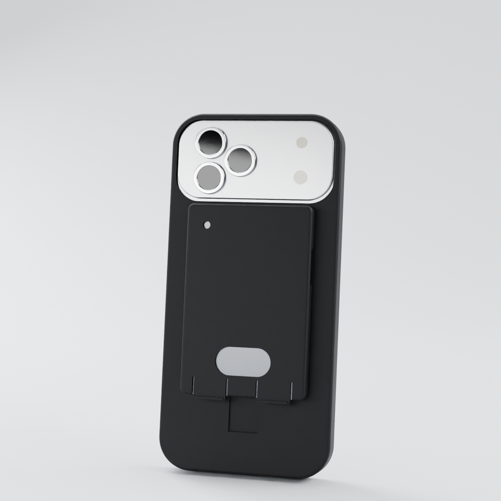 Pillion case in matte black, back view with the Pocket AI recorder in the sleeve